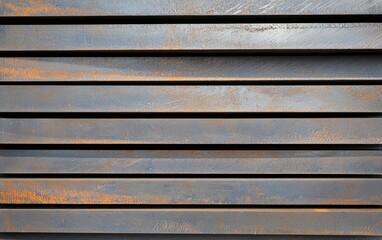 A close-up view of horizontal metal planks showing a textured surface with hints of rust, highlighting industrial materials and design.