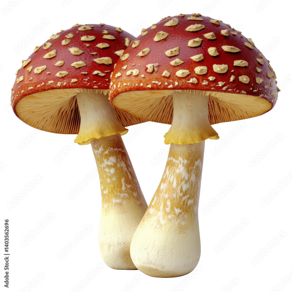 Poster two mushrooms with unique shapes and textures resting on a black background showcasing their natural