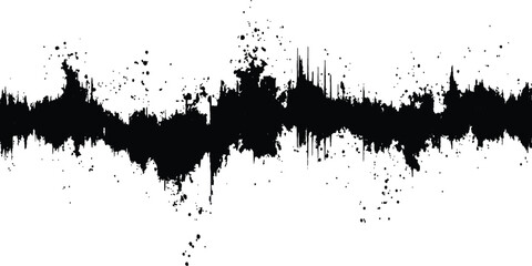 Vector black grunge soundwave with ink splatter effect white background. Black ink splatter grunge design element, transparent background, vector illustration,
