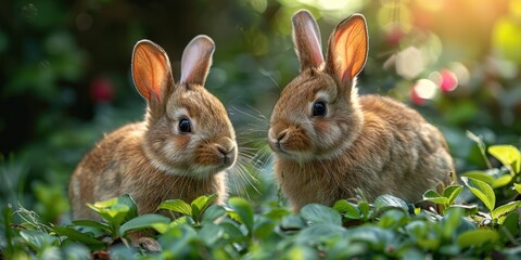 Obraz premium cute baby rabbit with mother in the field, motherhood concept easter