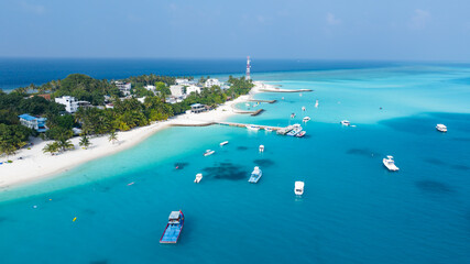 View of Fulidhoo island in the Maldives. Aerial top view of tropical island.