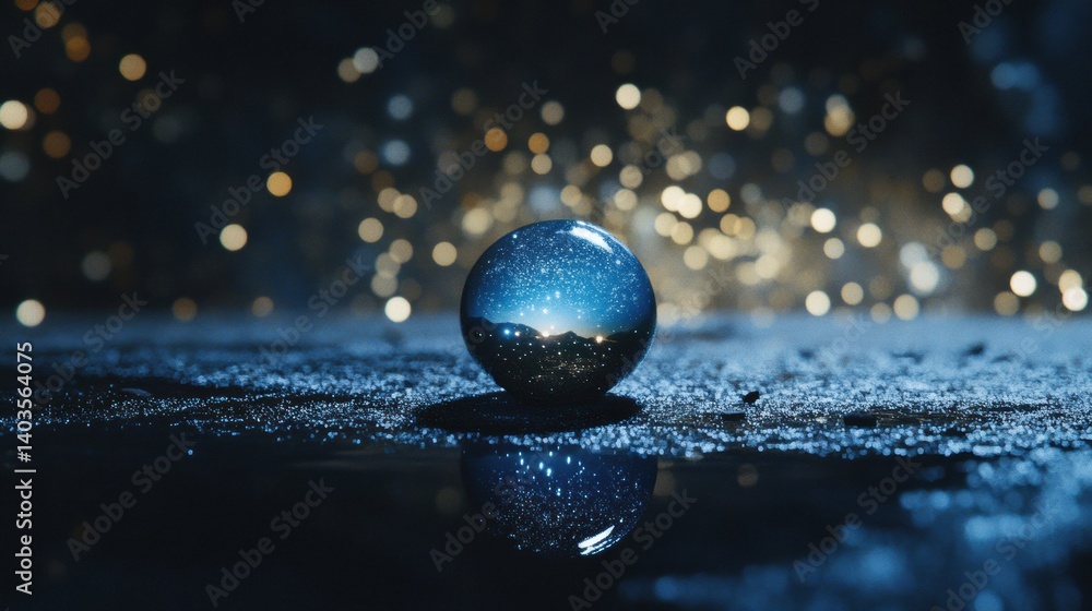 Poster Single raindrop captures the reflection of a starry night sky in a macro shot showcasing the beauty of nature during a calm evening