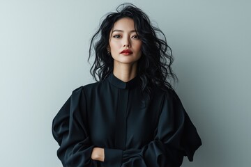 Fototapeta premium A medium shot of a stunning European-Asian woman with striking features, her eyes reflecting confidence and passion, standing casually with a slight smile, hands lightly crossed
