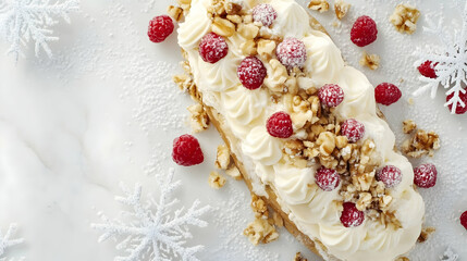 Festive Yule Log Cake Adorned with Raspberries and Snowy Decorations