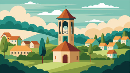 Naklejka premium The old bell tower a symbol of the villages past standing tall in the midst of the bustling village green.