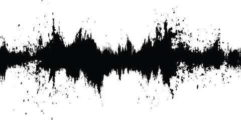 Vector black grunge soundwave with ink splatter effect white background. Black ink splatter grunge design element, transparent background, vector illustration,