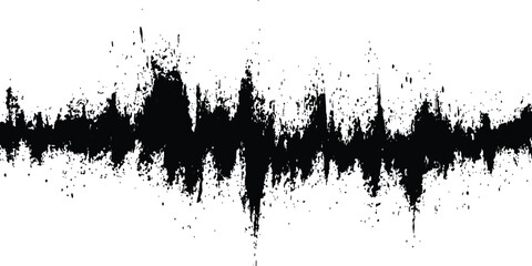 Vector black grunge soundwave with ink splatter effect white background. Black ink splatter grunge design element, transparent background, vector illustration,