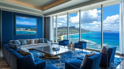 Fototapeta premium Opulent Coastal Living Room with Stunning Ocean View and Luxury Decor