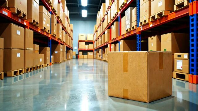 Box on warehouse with cardboard boxes on the shelves. Parcel delivery service, storage room or industrial warehouse, banner