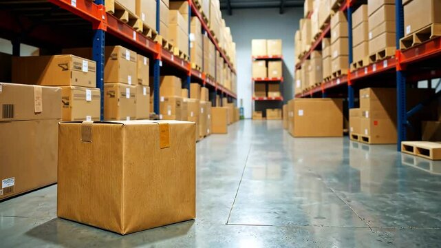 Box on warehouse with cardboard boxes on the shelves. Parcel delivery service, storage room or industrial warehouse, banner
