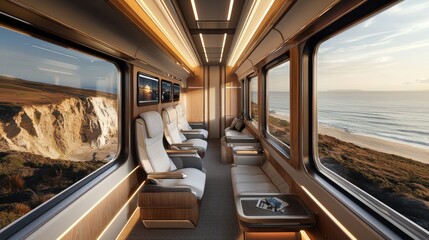 Fototapeta premium Luxury First Class Train Interior with Scenic Ocean Views