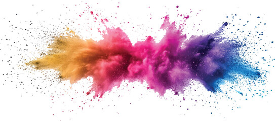 Colorful rainbow powder explosion on a transparent background. Explosive burst of vibrant rainbow colors. Colorful rainbow holi paint color powder explosion isolated white wide panorama background.