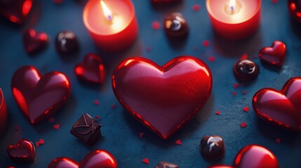 Romantic Valentine's Day heart candies and candles on dark surface