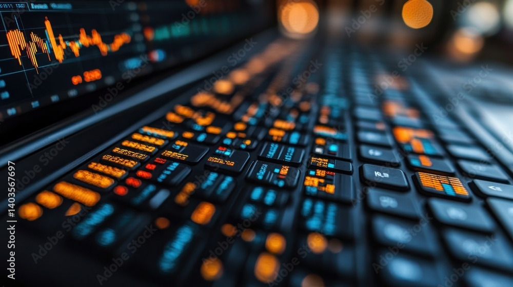 Poster illuminated keyboard: stock market data displayed on a laptop keyboard