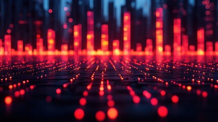 Obraz premium Cyberpunk Cityscape: Red Neon Lights and Digital Grid