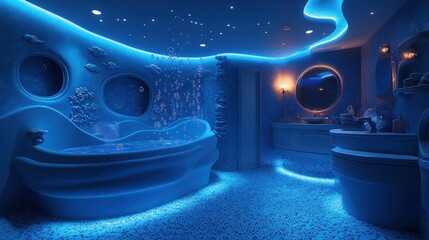 Underwater-themed bathroom with blue lighting, bathtub, and portholes.