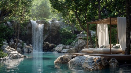 Naklejka premium Luxury Travel Escape to Hidden Lagoon with Waterfall and Sunbeds
