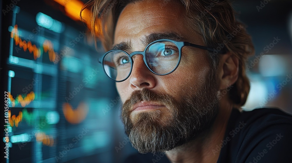 Poster focused analyst: a man studying data on a screen