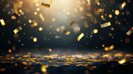 Gold confetti and glitter falling on dark background