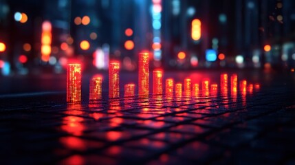 Cyberpunk Cityscape: Neon Lights and Digital Data Columns Reflecting on Wet Pavement