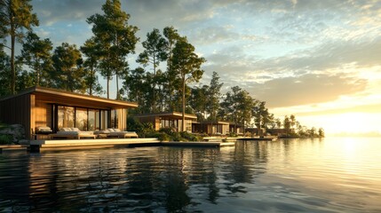 Serene Lakeside Retreat During Sunset with Luxury Cabins