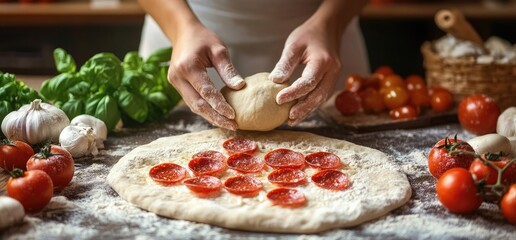 Woman making pepperoni pizza kitchen table