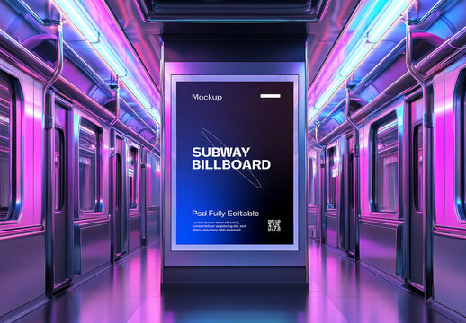 Subway Billboard Inside Neon Train Mockup