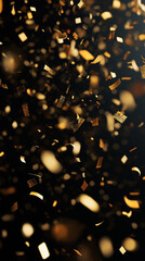 Blurred gold confetti falling on black background