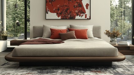 Modern bedroom with platform bed, artwork, and side tables.