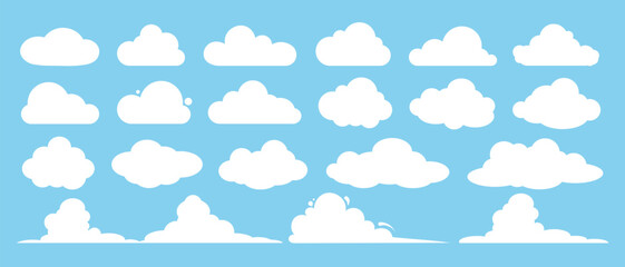A set of white clouds on a blue background. Vector illustration.