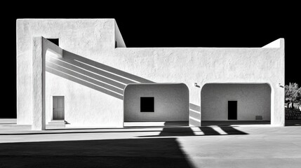 A white building with a triangular roof and arched entryway.