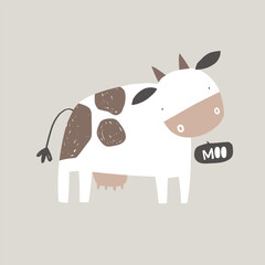 Vector illustration cute cow says moo. White cow with spots on beige background. Farm. Domestic animals. Illustration for children. Scandinavian style.