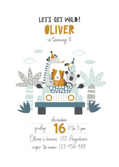 Naklejka premium Vector invitation template for children's birthday party with cute African animals in a car, palm trees and clouds. Safari Party. Children's birthday party. Baby boy. Tiger, koala, giraffe, toucan.