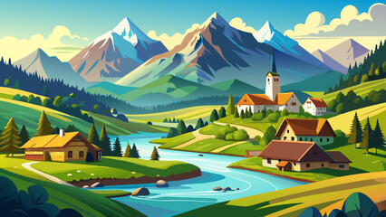 Beautiful Alps landscape with village, green fields, mountain river at sunny day. Swiss mountains at the background