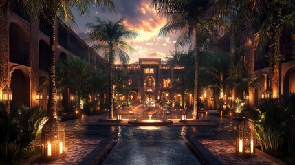Naklejka premium Luxurious Courtyard at Dusk with Exotic Palm Trees and Lanterns