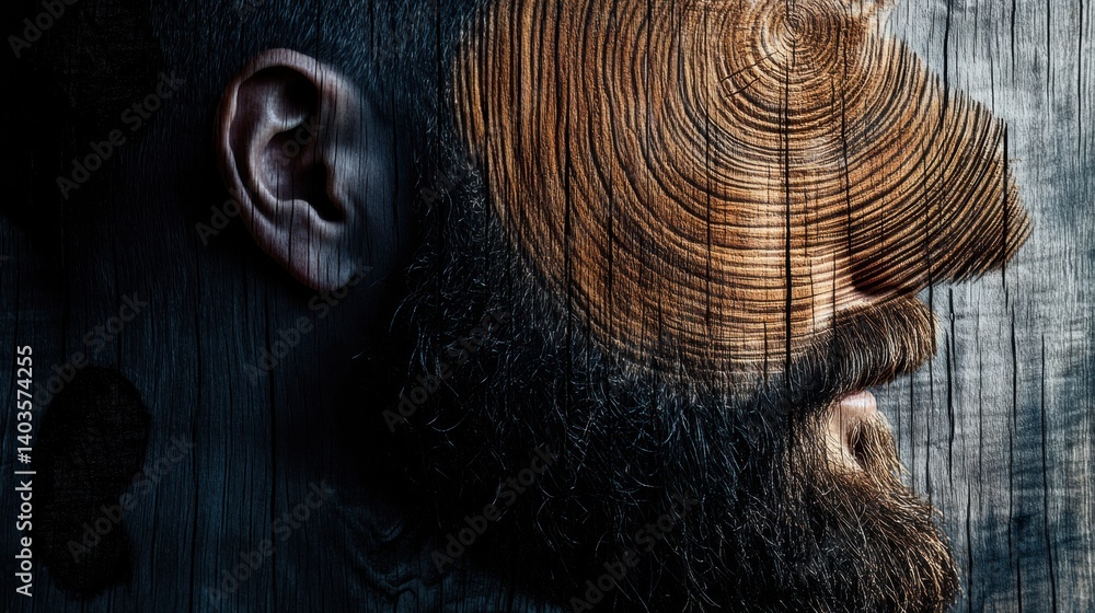 Aufkleber silhouette of a beard filled with natural wood grain texture on a clean background representing natu
