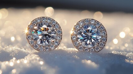 A stunning pair of gold drop earrings with brilliant diamonds, set against a minimalist white background