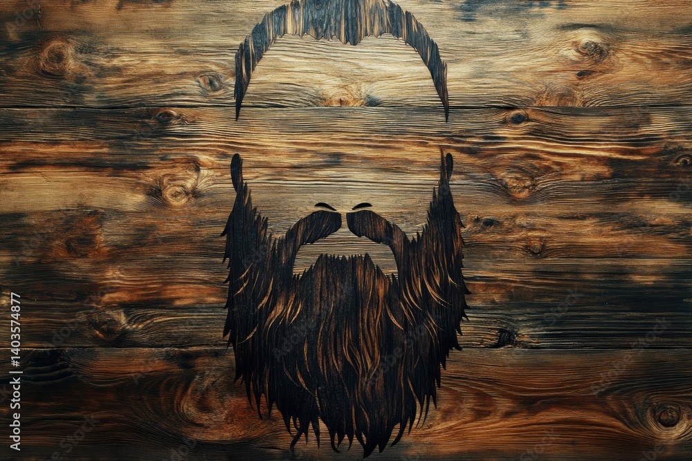 Poster silhouette of a beard crafted from natural wood grain texture against a clean background showcasing 