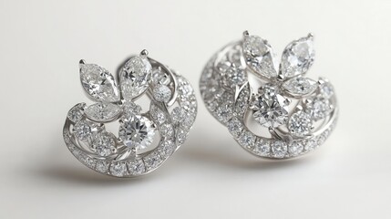 Chic white gold earrings with brilliant diamonds, displayed against a white surface to highlight their shine