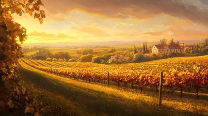 Naklejka premium A picturesque vineyard landscape bathed in golden sunset light, showcasing nature beauty.