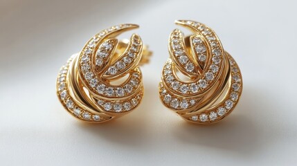 Naklejka premium Elegant gold earrings featuring brilliant diamonds, captured on a soft white background 