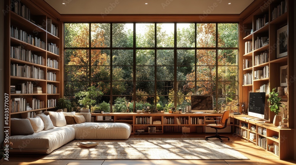 Poster Serene Library with Expansive Window View