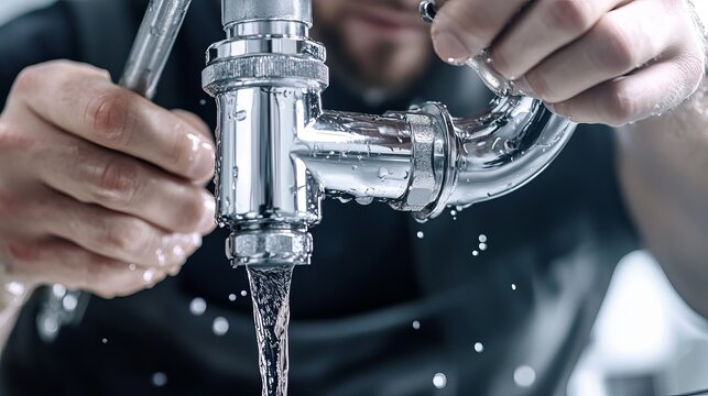Plumber fixing a leaking pipe under a kitchen sink. Featuring technical skill and problem-solving