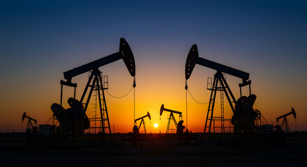Silhouette of Oil Pumpjacks Against a Vibrant Sunset Sky Energy Production