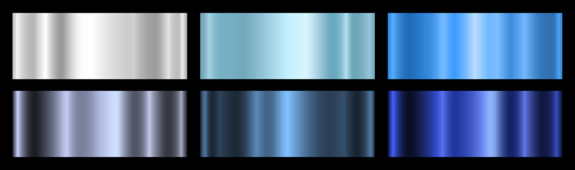 A set of six silver and blue metallic gradients on a black background. Collection of blue metallic gradients. The texture of the foil. Vector EPS 10.