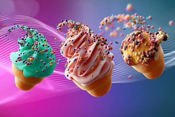 Colorful Ice Cream Scoops with Exploding Toppings and Milk Splashes—A Playful, Refreshing Summer Dessert Delight