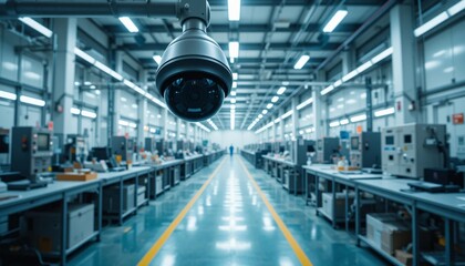 Fototapeta premium Factory Surveillance Security Camera in Modern Industrial Plant