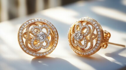 Naklejka premium Luxurious gold earrings with brilliant diamonds, set in a graceful design on a minimalist white surface 