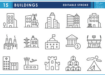 Fototapeta premium A set of line icons related to Buildings. Bank, school, stadium, residential, apartment, and so on. Vector editable stroke.