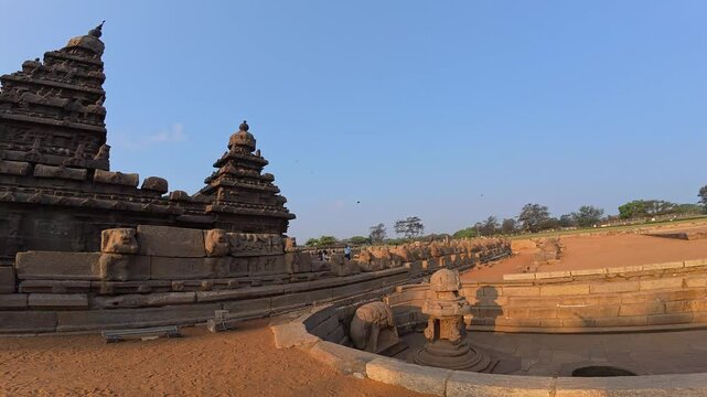 UHD 4K / 60 FPS Video - Shore temple built by Pallavas is UNESCO`s World Heritage Site located at Mamallapuram or Mahabalipuram in Tamil Nadu, South India. Very ancient & wonder place in the world.